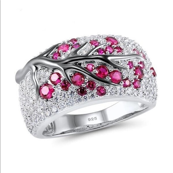 Pink Pavé Crystal Vine Cocktail Ring Silver-Tone Statement Y2K Glam - Picture 2 of 2